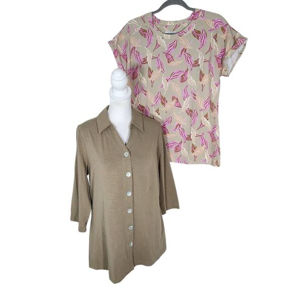 D&Co. Brown Knit Button-up Top and Tan and Pink Leaf Print Tee Size Small Bundle - Picture 1 of 9